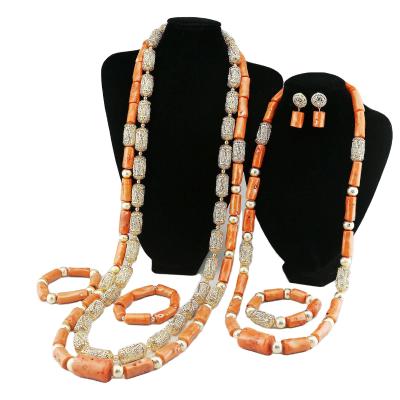 China Orange Coral Beads Crown Dubai Necklace Jewelry Beads Indian Bridal Orange Jewellery Set for sale