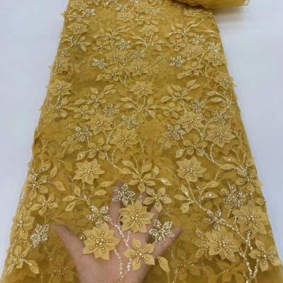 China Supoo plain color 3D Applique flowers lace embroidery with beads  Ghana lace fabric wedding dress for party Te koop