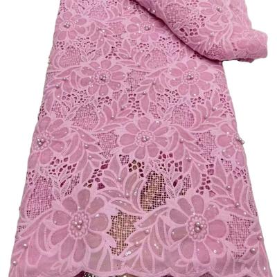 China Rose pink guipure lace water-soluble embroidery fabric with beads  wedding dress Nigerian women clothings Ghana fabric for sale