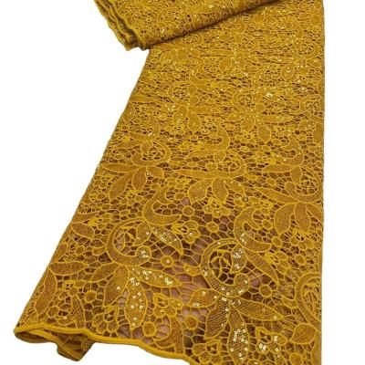 China Gold guipure lace water-soluble embroidery fabric with sequins wedding dress Nigerian women clothings Ghana fabric for sale