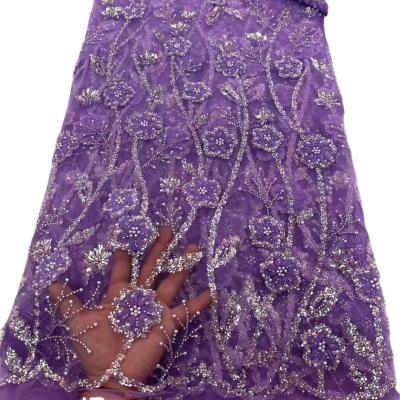 China New Exquisite Wedding Party Dress Bridal Dress Fabric purple Beaded lace with sequins Austria Embroidery French Lace Ghana dress for sale