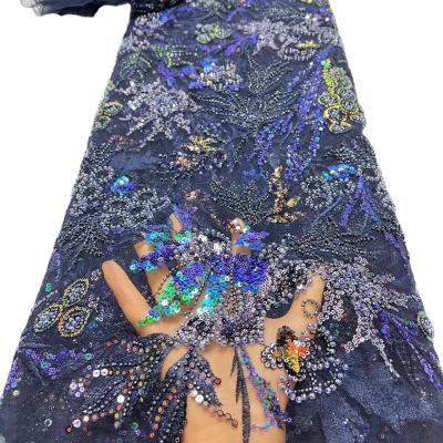 China Latest fashionable aso ebi beaded lace wedding dress with shiny beaded French mesh lace with colorful beaded for sale