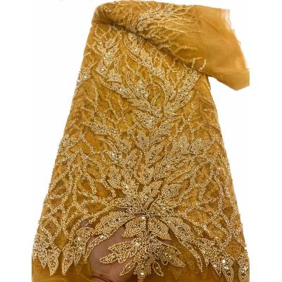 Cina European Fashion Milan Wedding Dress Lace Fabric Bridal Pearl Sequins Mesh Lace Gold Fashion Lace Beads Dress Fabric Wedding in vendita