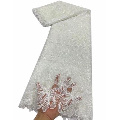 China Export African White Lace Fabric Sequin Embroidery Bridal Lace african Guipure  Cord Lace For Senegal Wedding Dress Fabric for sale