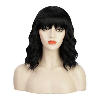 China Bob Water Wave Good Quality Short Synthetic Short Wavy Wigs Short Bob Black Wig With Neat Hits Heat Resistant Wholesale Price for sale