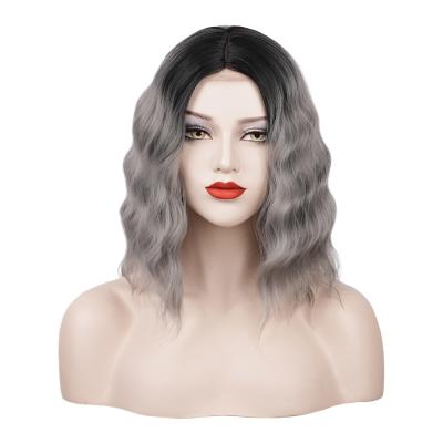 China Cheap High Quality Short Short Water Wave For Women Color Gray Wholesale Heat Resistant Synthetic Lace Front Wig for sale