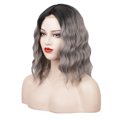 China Synthetic Lace Front Wig Water Wave Sale High Temperature Fiber Female High Quality Hot Short Gray Wholesale Matte for sale