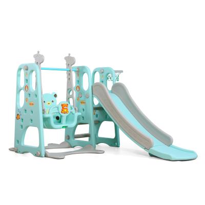 China Updated House Eco-Friendly Mini Playground 4 in 1 Kids Baby Plastic Indoor Slide and Swing Set with Basketball Stand for sale