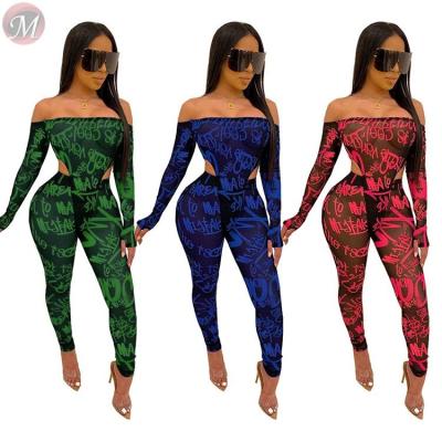 China 9110723 anti static new design off the shoulder mesh long sleeve two piece sets sexy fashion women clothes for sale