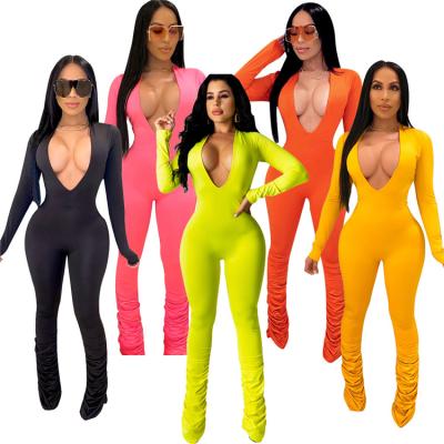 China QUICK DRY Solid One Piece Long Sleeve V Neck Women Sexy Spring Stacked Jumpsuits S12479 for sale