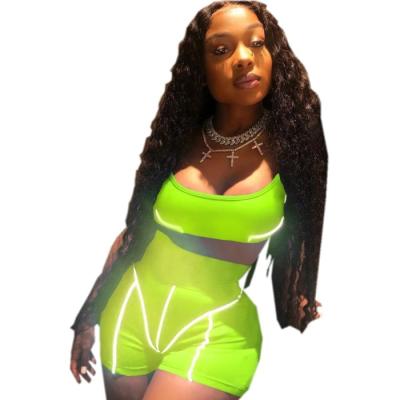 China QUICK DRY Neon Green Reflective Crop Stripe Patchwork Top Biker Shorts 2 Piece Set Women Tracksuit Sets Summer Casual Y11884 for sale