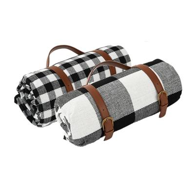 China Acrylic Outdoor Foldable Picnic Blanket Picnic Woven Plaid Waterproof Covering Mat With Leather Strap for sale