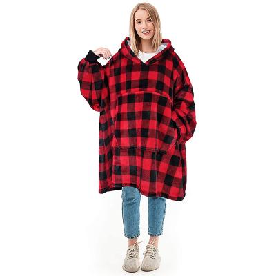 China PORTABLE Comfortable Portable Sherpa TV Oversized Plush Plaid Blanket Hooded Blanket Sweatshirt With Sleeves And Pocket for sale