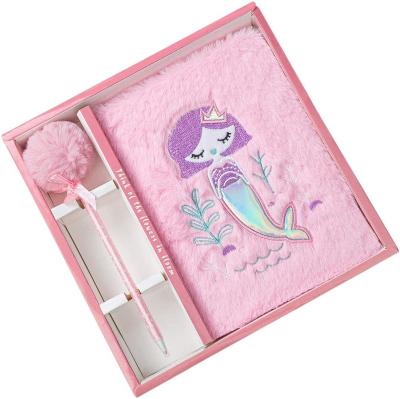 China Mermaid 2022 Pink Printed Plush Diary Notebook Lined Travel Journal Gift Set With Pen For Kids Girls Writing for sale