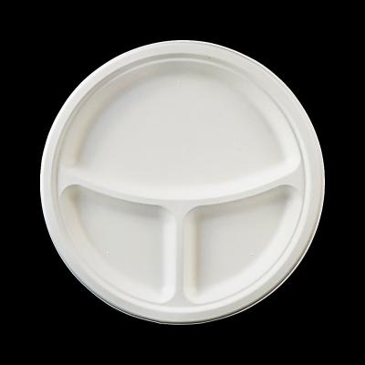 China FS-YP09-1 Biodegradable Food Packing Pulp Round Dish For Disposable Food Dishes 3 Compartment Food Container Paper Pulp Dish for sale