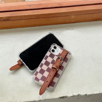 China 2021 Anti-fall Grid Leather Belt Chain Designer Square Phone Case Soft Cover Device For Iphone 11/12 pro 6 7 8 Max for sale