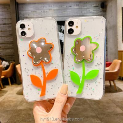 China 2021 Anti-fall unique beauty flower make up mirror phone case glitter epoxy tpu back cover for iphone 11/12 pro max for sale