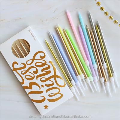 China Rose Gold Silver Birthday Thin Metallic-Color Spatter Pastel-Color 6PCS Long Cake Topper Elegant Multi-Color Tall Candles For Wedding Happy Birthday Party for sale