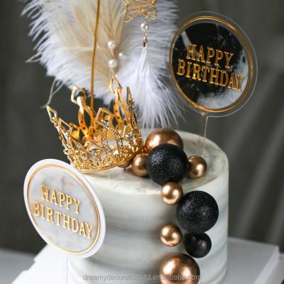 China Circular Stylish Decorative Cake Topper Stunning Hexagon Happy Birthday Cake Topper Marble-effect Cake Decoration With Gold Writing For Boys for sale