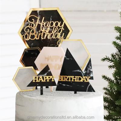 China Cake Decorating Black White Hexagon Happy Birthday Circular Cake Topper with Gold Embossing, Gold Embossing Edges and Marble-Effect Bottom for sale