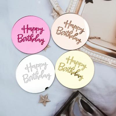 China Cake Decorating Happy Birthday Laser Gold Mirror Disc Charm Shiny Cupcake Around Disc Topper Acrylic Decor For Dessert Gift Box for sale