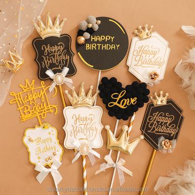 China Elegant Cake Decoration Happy Birthday Cake Topper with Gold 3D Text Effects Decorated with a Gold Crown and Diamante Gold Bow for sale