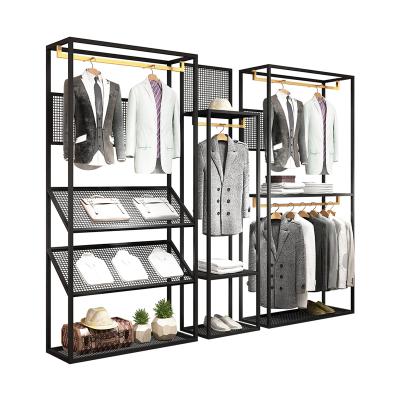 China Retail Metal Stainless Steel Clothing Store Metal Pendant Suit Rack Display Style Black Metal Man Clothes Store Display Rack for sale