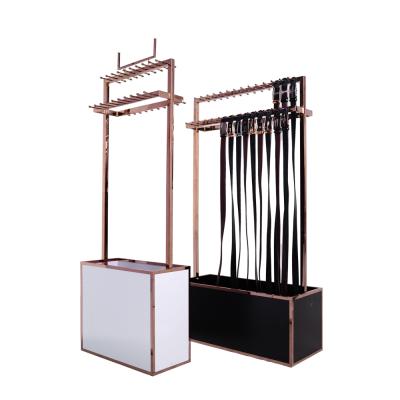 China 2020 Stainless Steel Belt Display Cabinet Retail Custom Design Belt Rack Wooden Belt Display Stand For Garment Store for sale