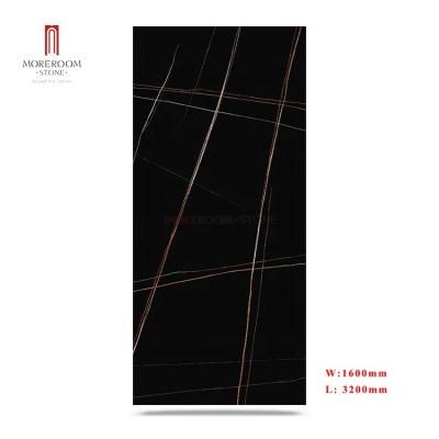 China Offering the real effect of natural onyx with natural vein 63 x 128 inch 15mm 12mm thickness black gold modern villa agglomerate stone furniture for sale