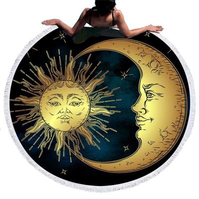 China Hot Sale India Moon and Sun Gold Printing Microfiber Round Fringe Lace Beach Towel QUICK DRY for sale