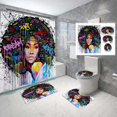 China High Grade Sustainable Girl Magic Shower Curtain Digital Printed Water Proof Black Bathroom Sets 4 Pcs Stone for sale