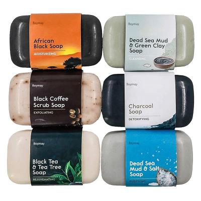 China Black 6-Piece Bar Soap Collection 100% Natural Organic Luxurious Face Hands Body Base Cleansing Soap for Women and Men for sale