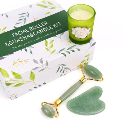 China Luxury Home Deco Gift Set OEM Private Label Wholesale Flower Soy Wax Organic Natural Scented Jade Roller Gua Sha Candle Set for sale