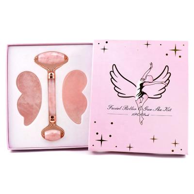 China Private Label Natural Massager 2pc Angel Wings Shape Rose Quartz Jade Gua Sha Facial Roller New Products From Amazon for sale