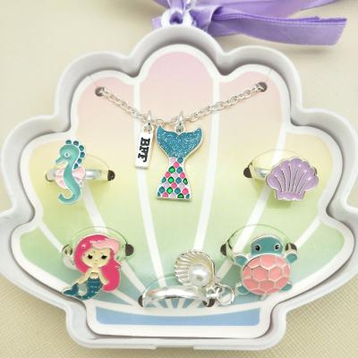 China Cute Children's Necklce Mermaid And Ring Set With Shell Case Mix Adjustable Finger Jewelry Rings for sale