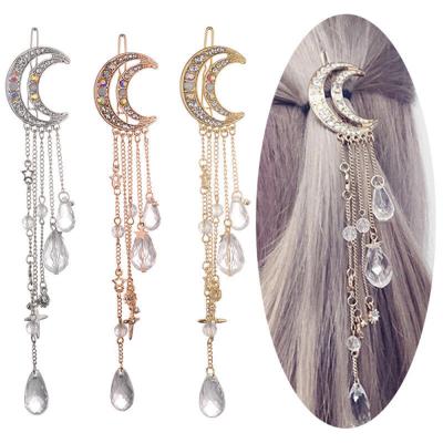 China Cute/Romantic Lady Moon Rhinestone Crystal Tassel Long Chain Beads Fashion Elegant Women Dangle Hairpin Hair Clip Hair Jewelry for sale