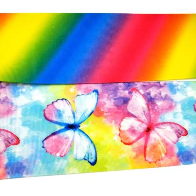 China High Quality Color Printed And 75MM Heat Transfer Rainbow Butterfly Printed Ribbon For Hair Bow for sale