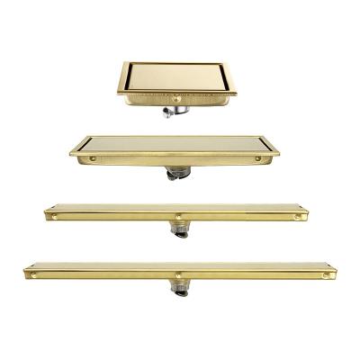 China Traditional Rectangle Swept Brass Shower Floor Trap Linear Gold Bathroom Drains Grate Covers for sale