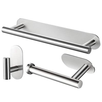 China Contemporary No Drilling 304 Nickel Brush Stainless Steel Bathroom Hardware Adhesive Towel Bar Accessory Set for sale