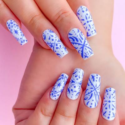 China Easy Use Customize Design Long Square Shape White Nail Base With Blue Porcelain Design Press On Nails for sale