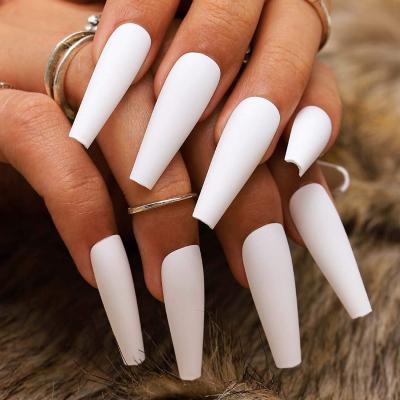 China Easy Wear Long Coffin Type White Matte Spray Press On False Nail for sale