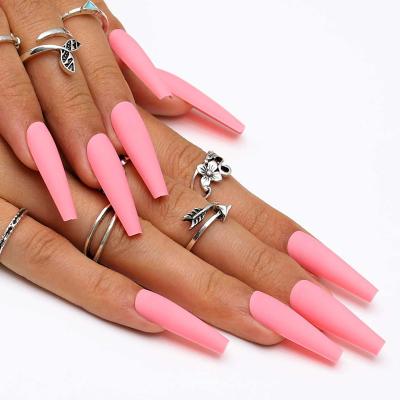 China Easy Wear Long Coffin Type Beautiful Matte Pink Color Spray Press On False Nail for sale