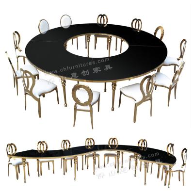 China Circle Half Moon Style Glass Dining Table Gold Stainless Steel Banquet Tables Modern Wedding for sale