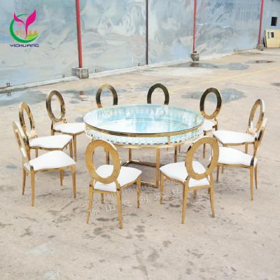 China Modern Outdoor Stainless Steel Mirror Gold Dining Table Hotel Events Round Glass Table for sale