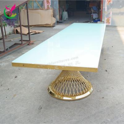 China Modern Hotel Furniture Stainless Steel Gold Rectangle Party Event Wedding Glass Dining Tables for sale