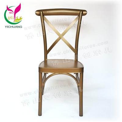 China Hotel Chair Metal Stacking Bistros Vintage Wedding Aluminum Cross Dining Back Chair For Rental for sale