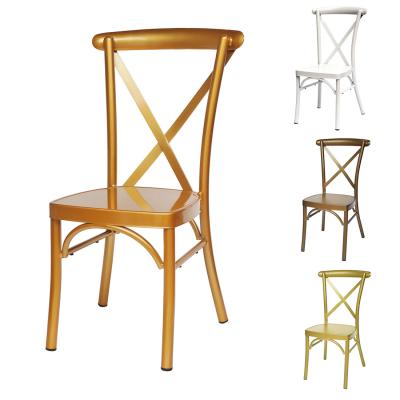 China Popular Modern Hotel Chair Singapore Wedding White Gold Aluminum Stacking Cross Back Chair for sale