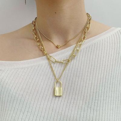 China Gold Lock Cuban Link Pendant Necklaces Men Women Chain Jewelry Layered BOHEMIA Hip Hop Choker Lock Chunky Choker Necklaces for sale