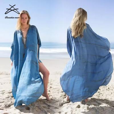 China Plus Size 2022 New Fashion Women Loose Long Blue Kaftan Shirt Dress Ladies Beach Wear Bikini Cover Up Dress for sale