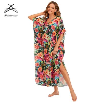 China Ladies Plus Size New Loose Kaftans Beach For Women Short Sleeve Floral Printed Cover Up Dresses Bikini Cover Up Dress for sale